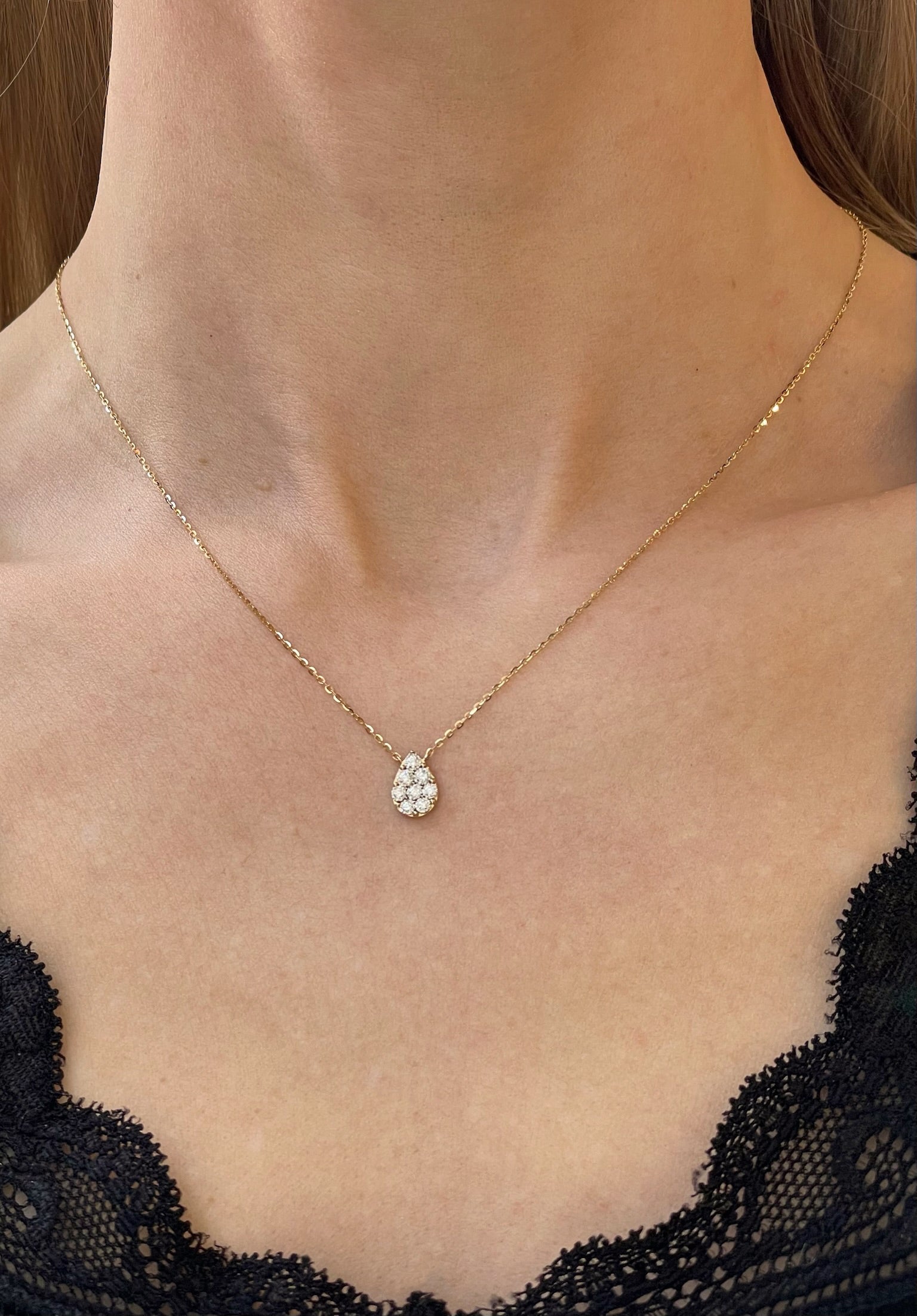 Teardrop Pendant Necklace with Round Brilliant Cut Diamonds  | 14K Yellow Gold