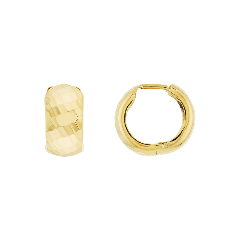 A pair of 14K yellow gold hoop earrings with a diamond-cut texture and classic basketweave pattern.