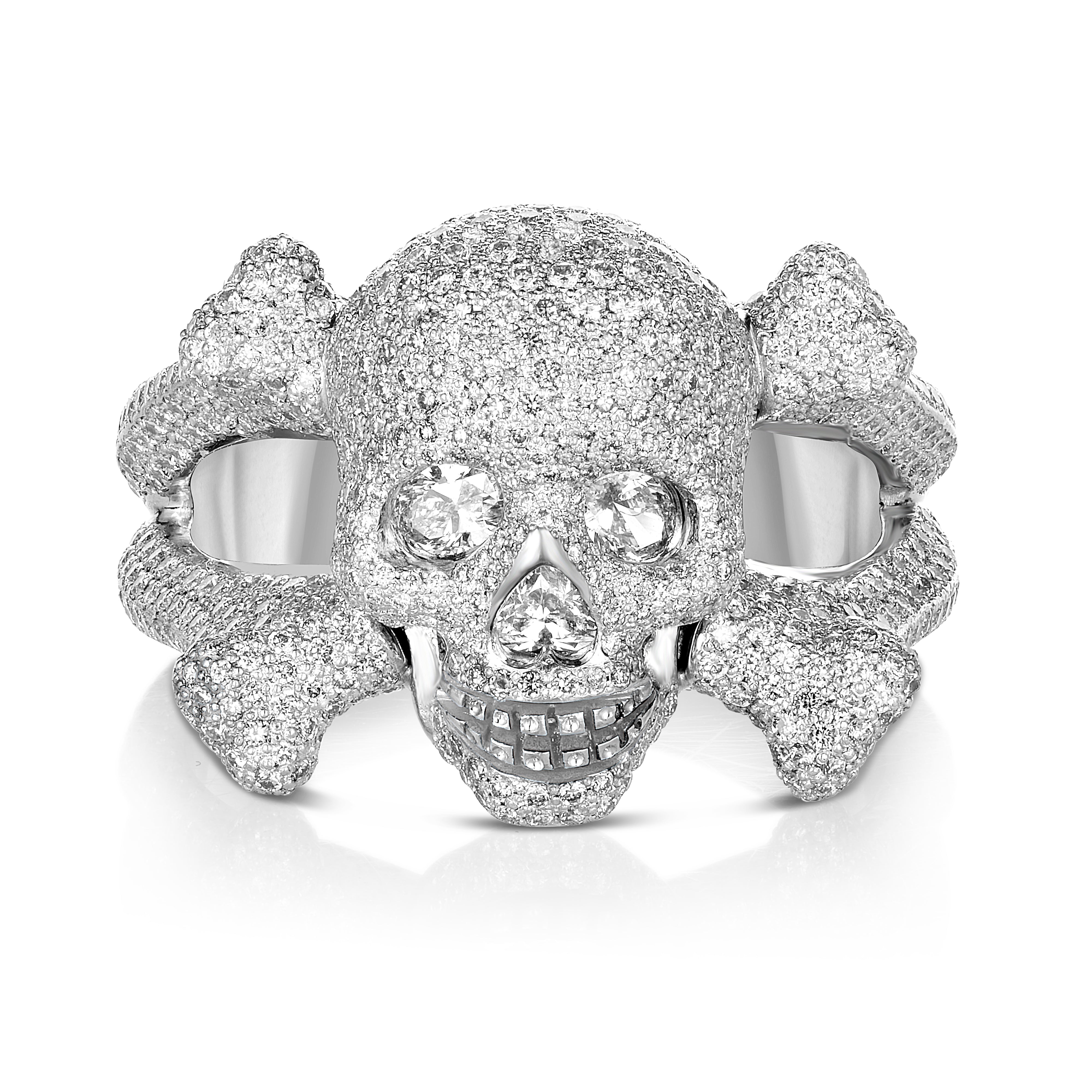 The DE Skull 2.0 - Platinum Skull Ring with Round, Oval, and Heart-Shaped Diamonds
