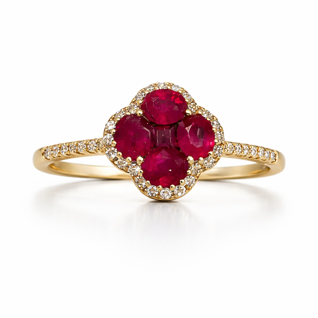 Yellow Gold Ruby & Diamond Princess Cluster Ring, 1.41 TCW
