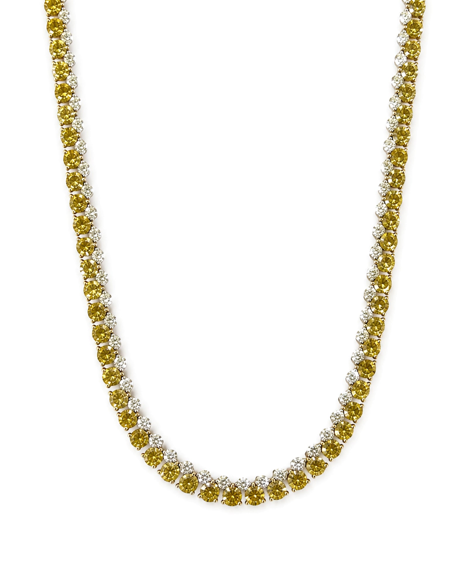 Alternating white and yellow diamond tennis necklace featuring natural round brilliant diamonds set in 18K white and yellow gold.