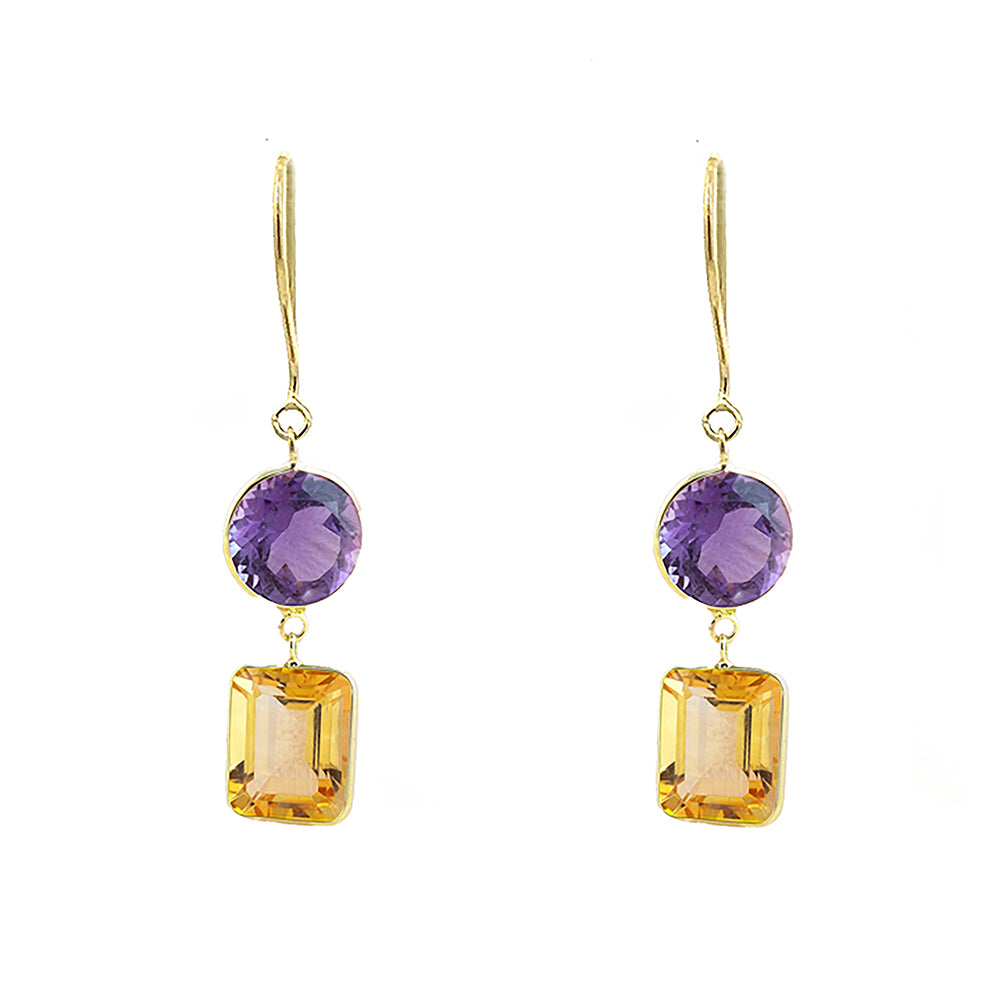 A pair of 18K yellow gold earrings featuring round amethysts and emerald-cut citrines.