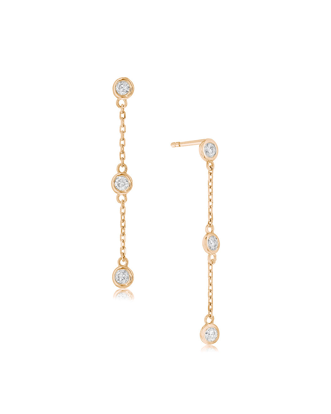 Bezel Set Diamond Drop Earrings in 14K rose gold featuring three round brilliant-cut diamonds suspended along each delicate cable chain.