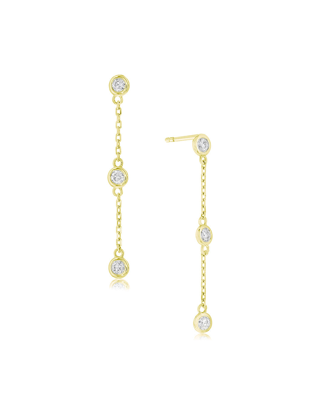 Bezel Set Diamond Drop Earrings in 14K yellow gold featuring three round brilliant-cut diamonds suspended along each delicate cable chain.