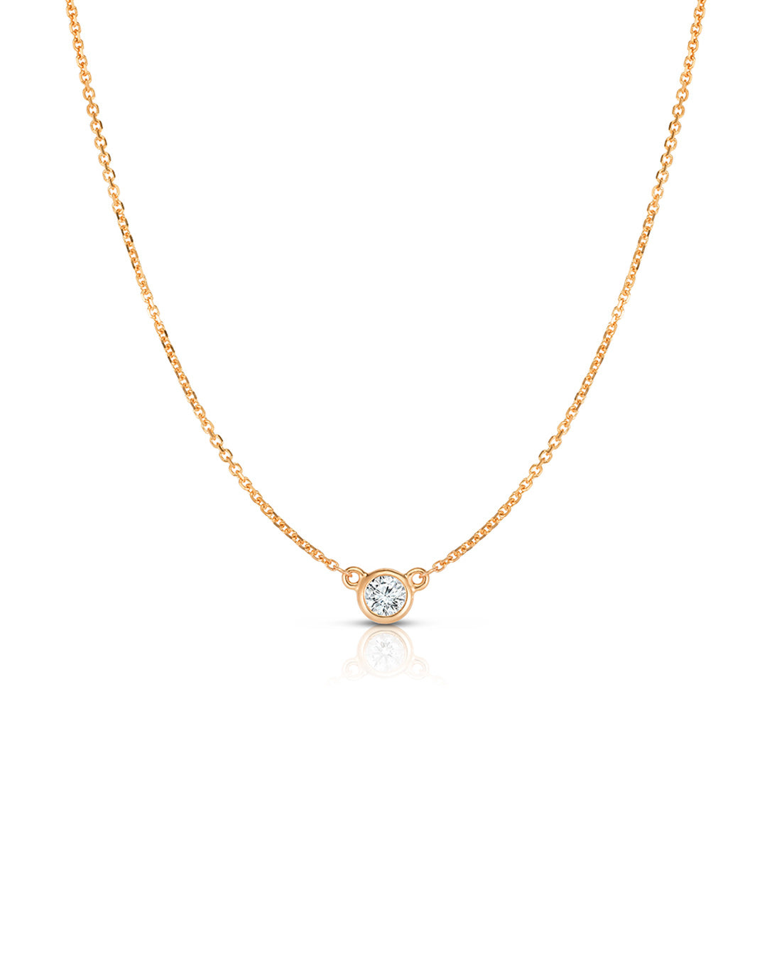 Bezel Set Diamond Solitaire Pendant Necklace in 14K rose gold featuring a 0.15 carat round brilliant-cut diamond.