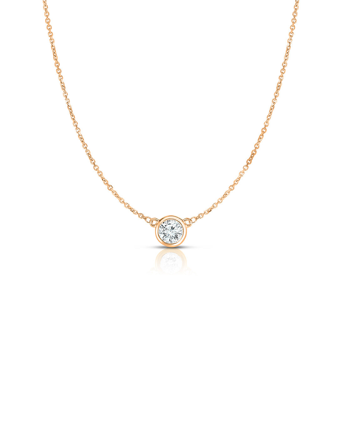 Bezel Set Diamond Solitaire Pendant Necklace in 14k rose gold featuring a 0.40 carat round brilliant-cut diamond.