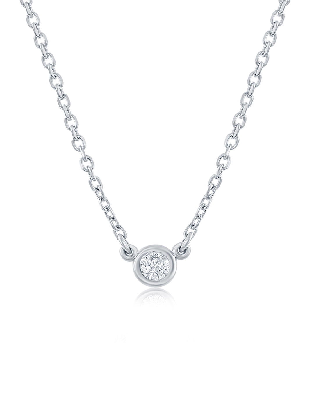 Bezel Set Diamond Solitaire Pendant Necklace in 14K white gold featuring a 0.05 carat round brilliant-cut diamond.