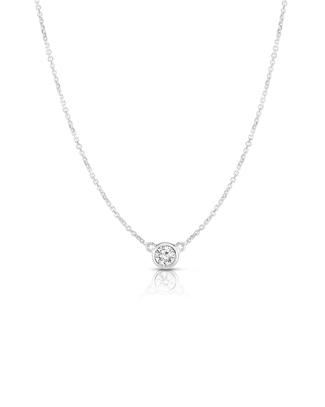 Bezel Set Diamond Solitaire Pendant Necklace in 14K white gold featuring a 0.25 carat round brilliant-cut diamond.