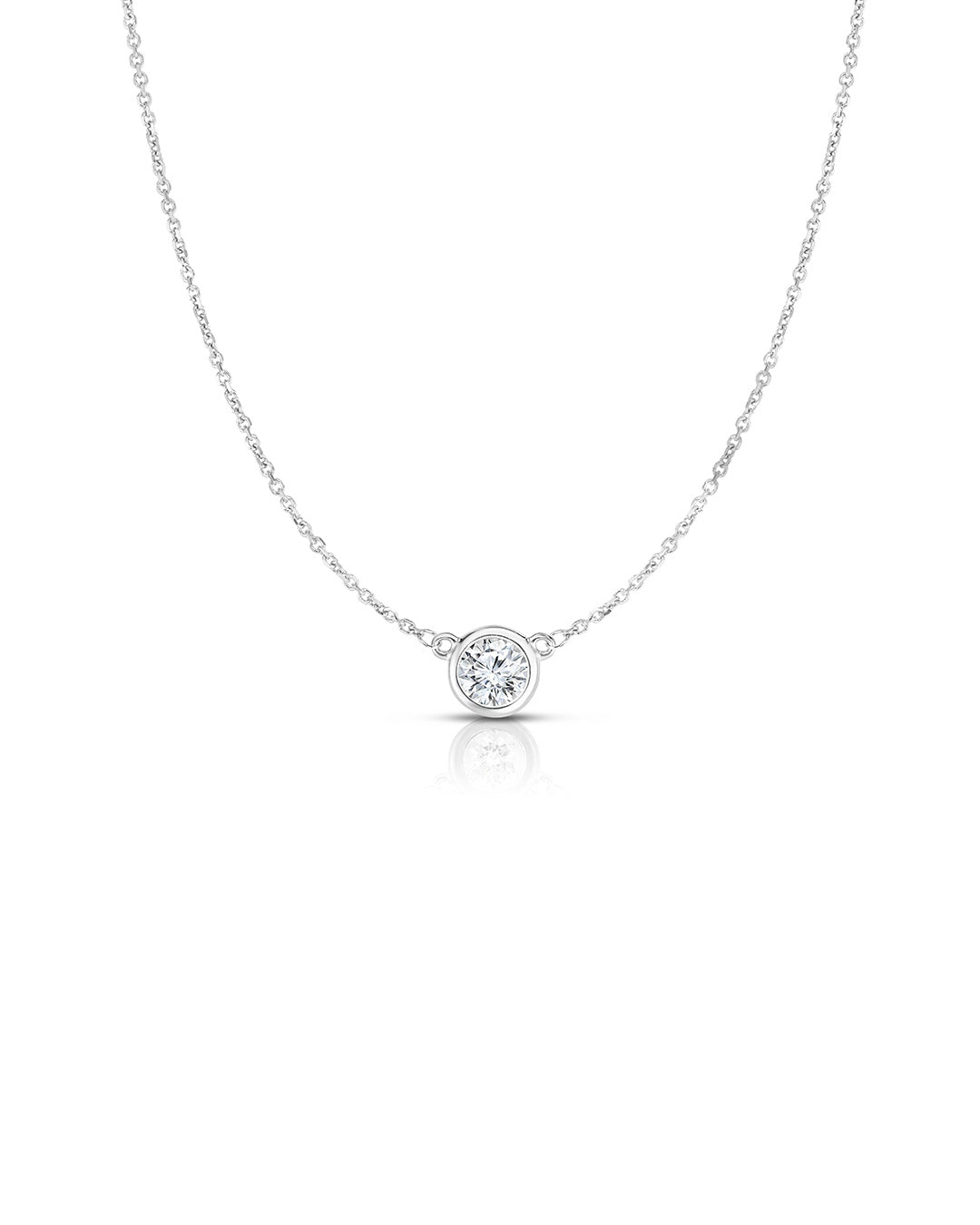 Bezel Set Diamond Solitaire Pendant Necklace in 14k white gold featuring a 0.40 carat round brilliant-cut diamond.