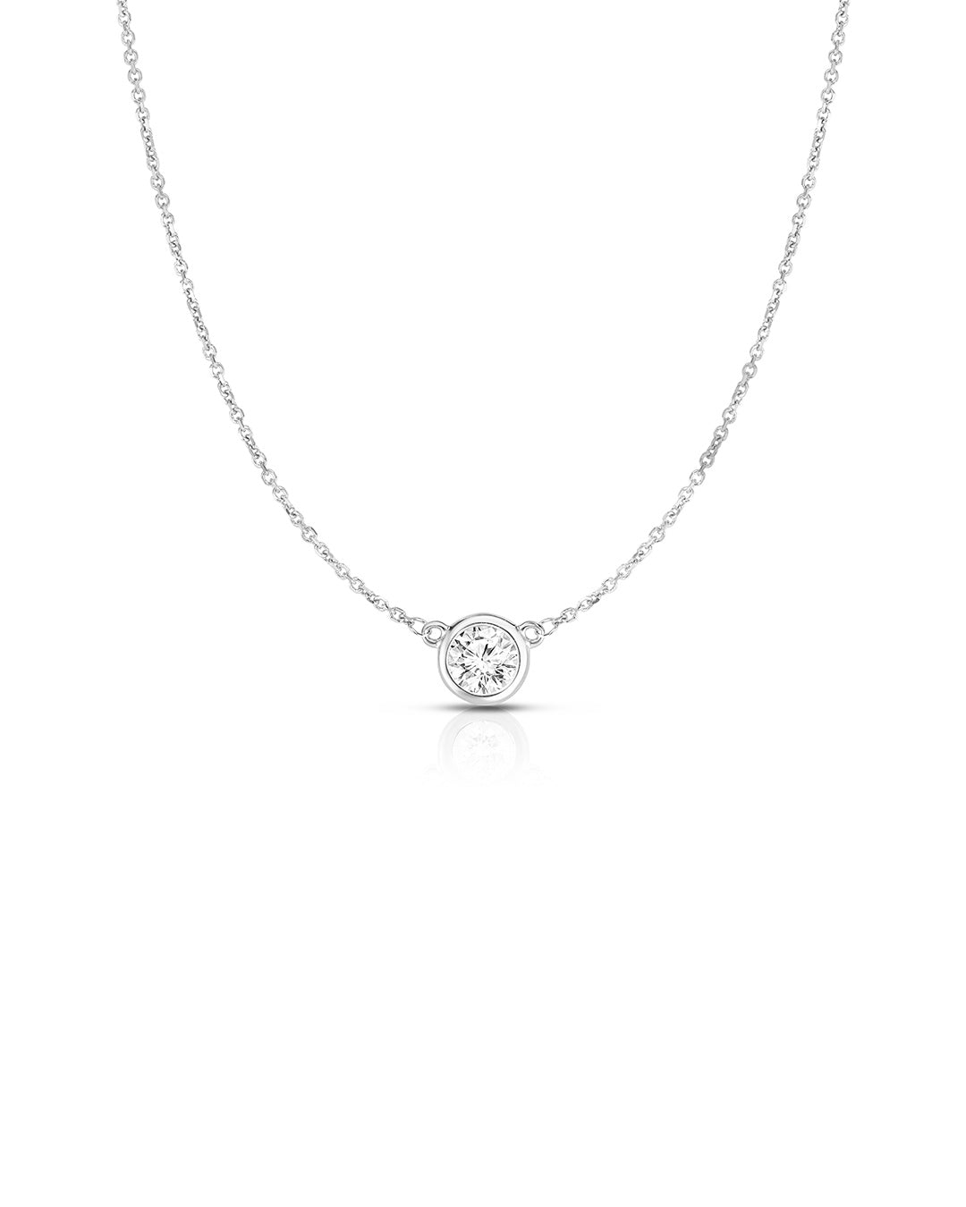 Bezel Set Diamond Solitaire Pendant Necklace in 14k white gold featuring a 0.75 carat round brilliant-cut diamond.