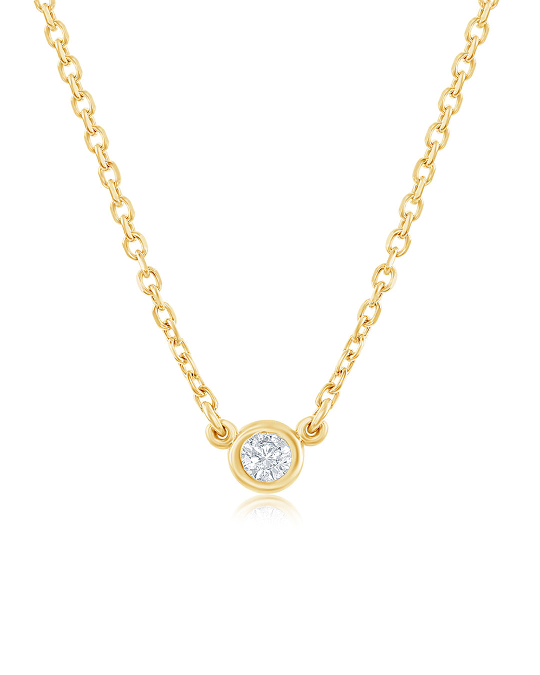 Bezel Set Diamond Solitaire Pendant Necklace in 14K yellow gold featuring a 0.05 carat round brilliant-cut diamond.