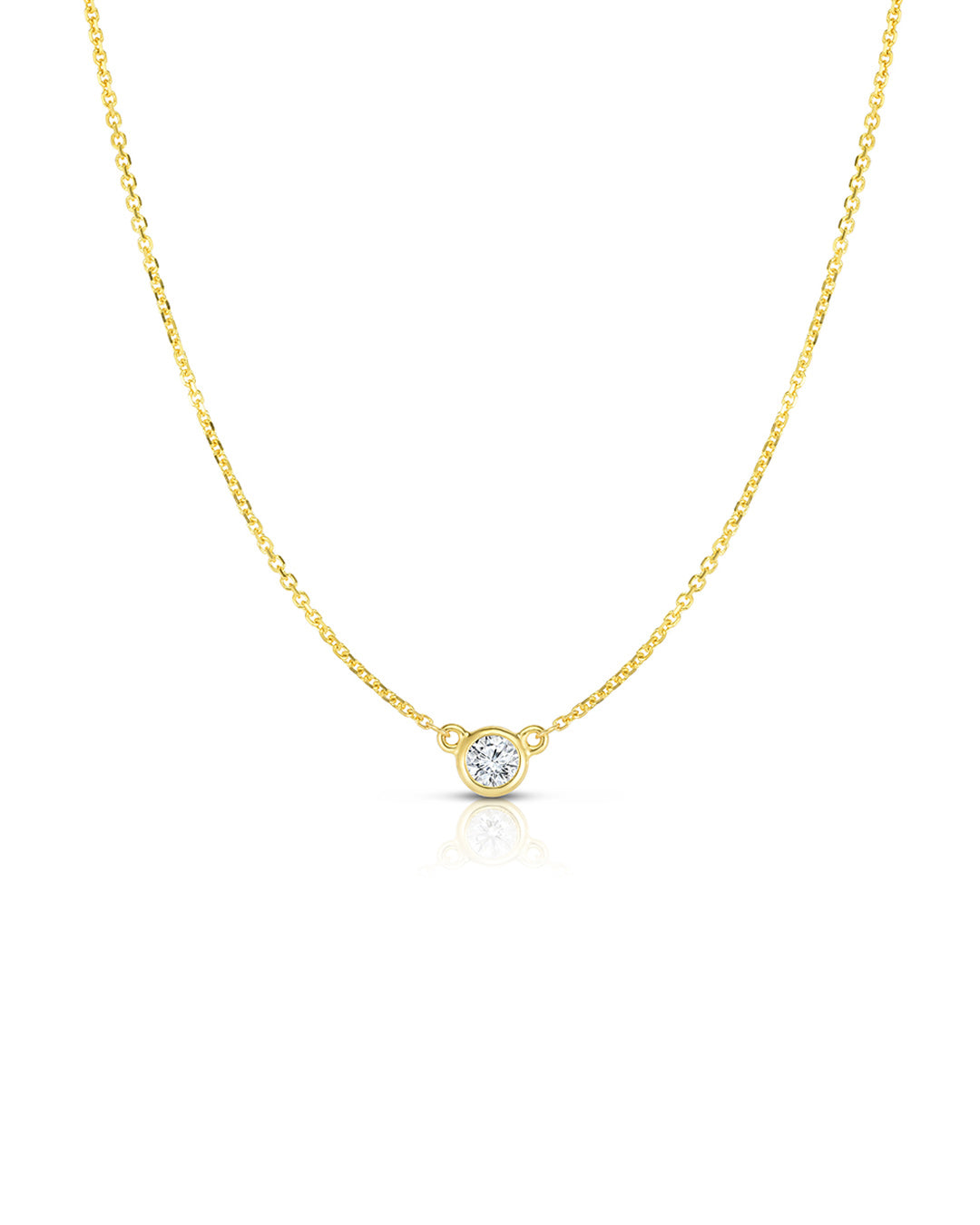 Bezel Set Diamond Solitaire Pendant Necklace in 14K yellow gold featuring a 0.15 carat round brilliant-cut diamond.