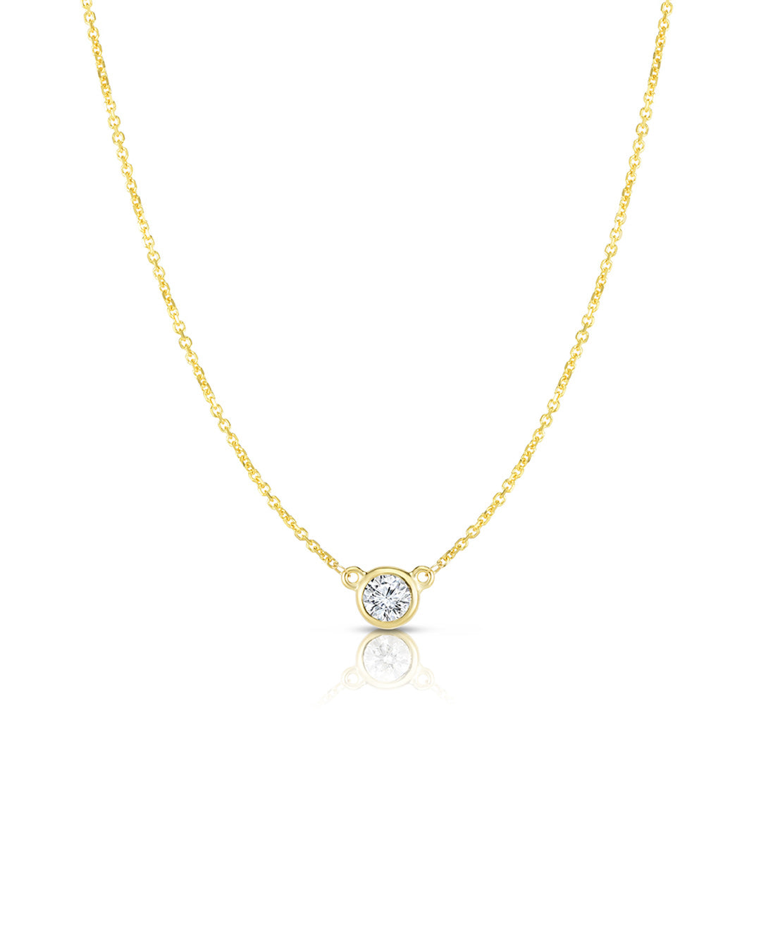 Bezel Set Diamond Solitaire Pendant Necklace in 14K yellow gold featuring a 0.25 carat round brilliant-cut diamond.