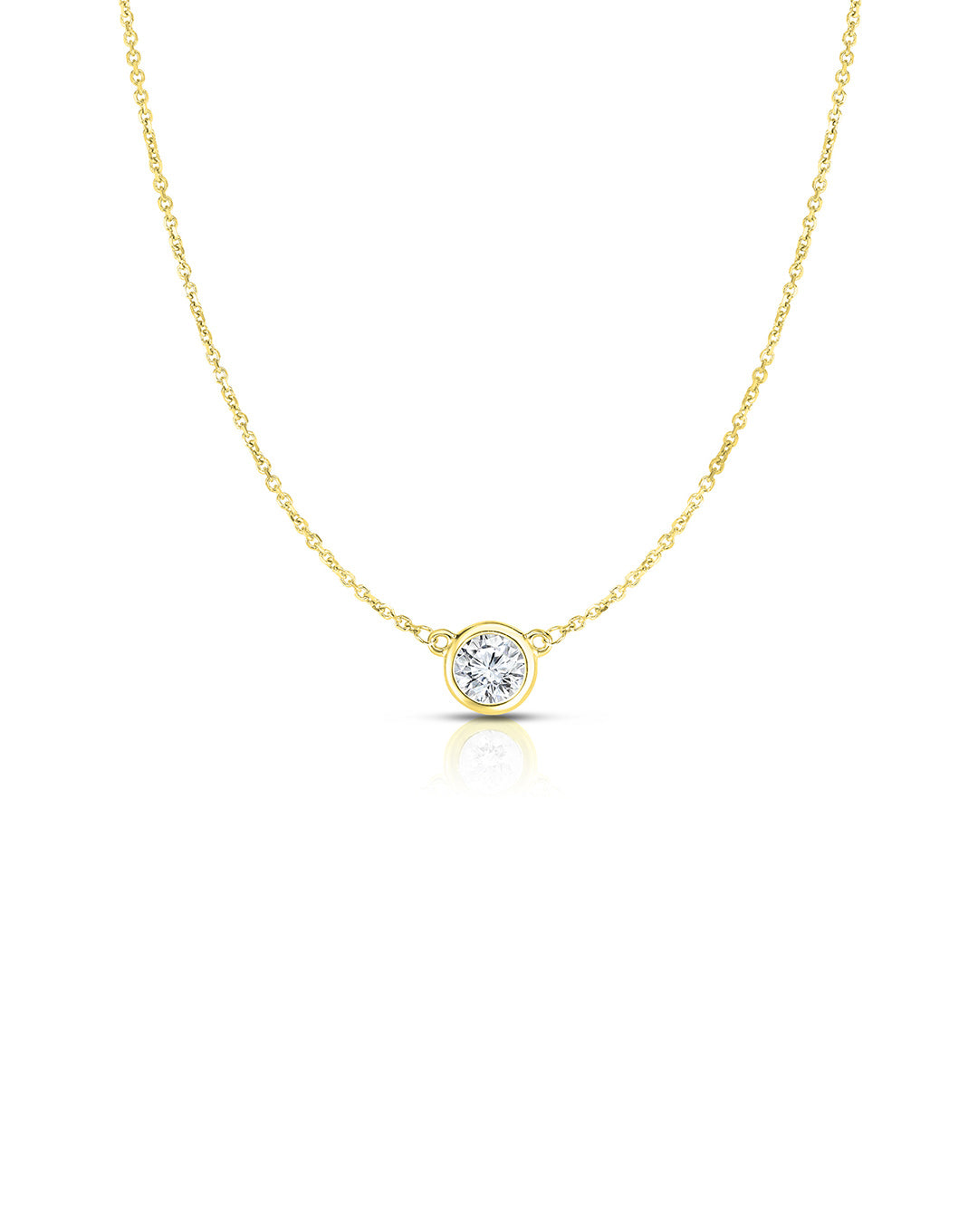 Bezel Set Diamond Solitaire Pendant Necklace in 14k yellow gold featuring a 0.75 carat round brilliant-cut diamond.