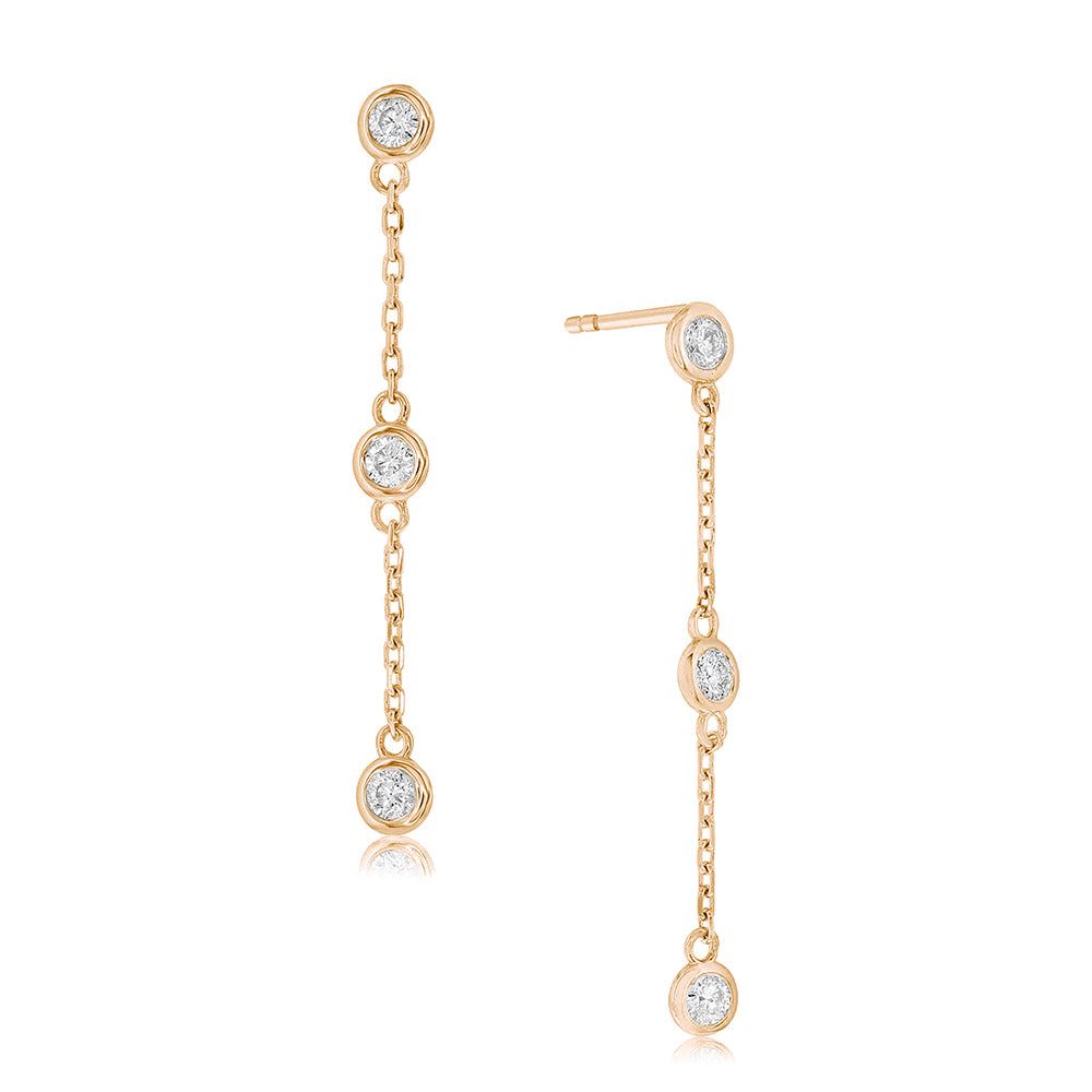 Bezel Set Diamond Drop Earrings in 14K Rose Gold with Round Brilliant-Cut Diamonds and Delicate Chain Drops, 0.42 Carat Total Weight 