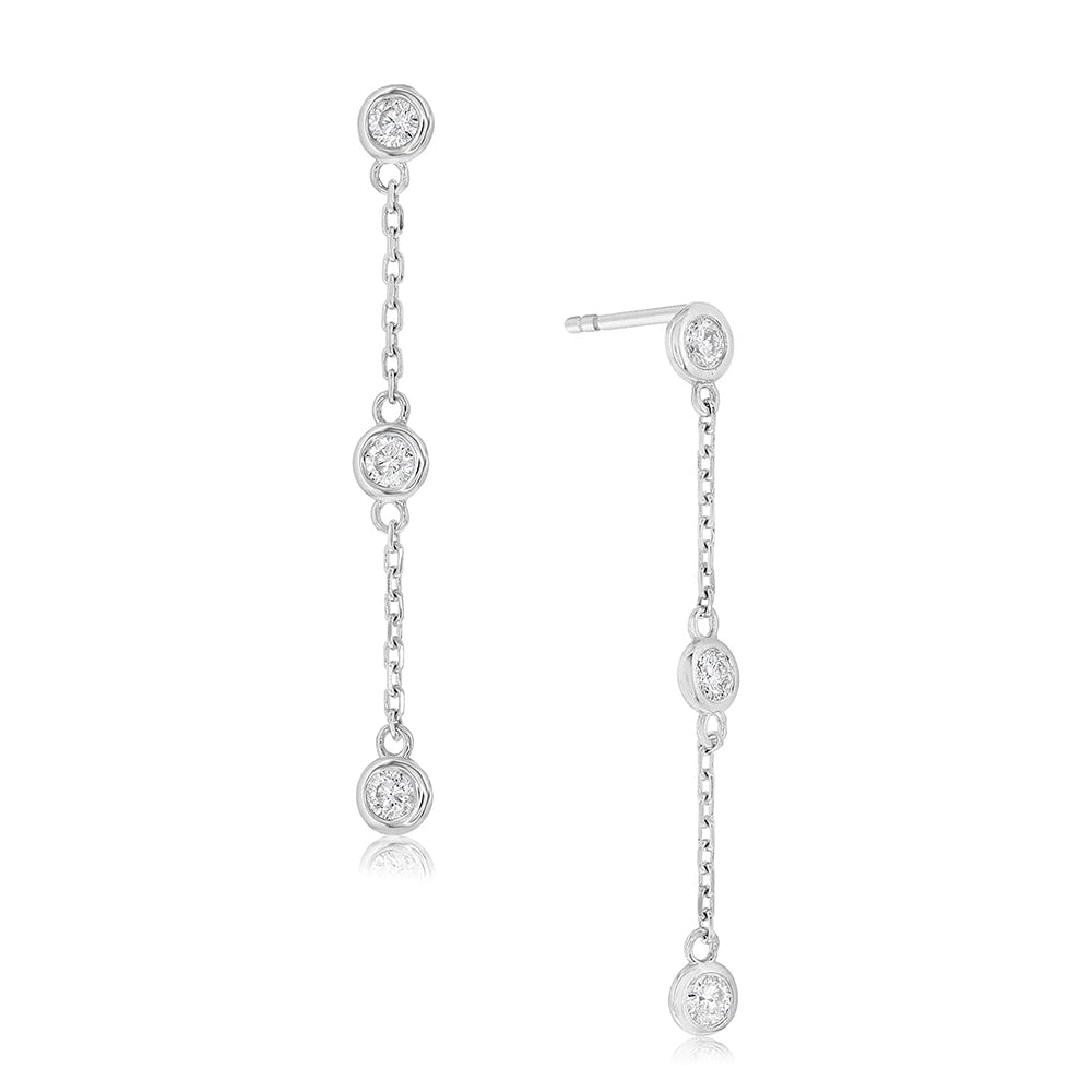 Bezel Set Diamond Drop Earrings in 14K White Gold with Round Brilliant-Cut Diamonds and Delicate Chain Drops, 0.42 Carat Total Weight 