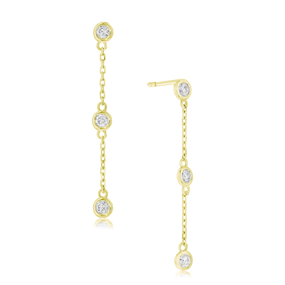 Bezel Set Diamond Drop Earrings in 14K Yellow Gold with Round Brilliant-Cut Diamonds and Delicate Chain Drops, 0.42 Carat Total Weight 