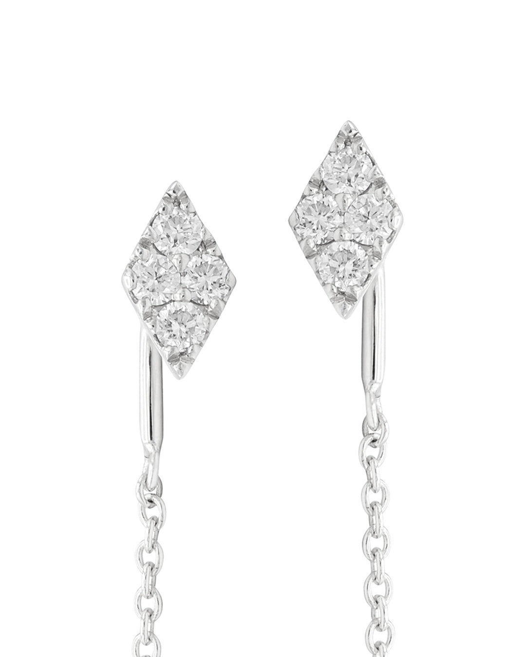 Detailed close-up of Diamond Cluster Threader Earrings in 14K white gold, showing four round brilliant-cut diamonds arranged in each cluster.