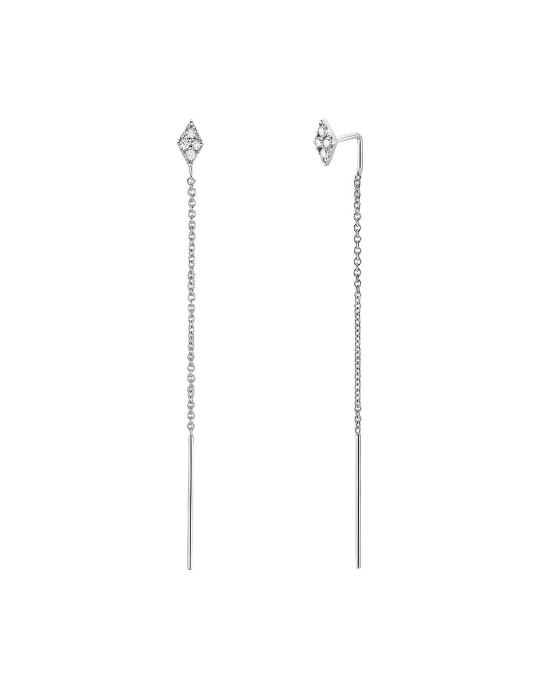 Diamond Cluster Threader Earrings in 14K white gold featuring diamond clusters, delicate chains and polished threader bars.