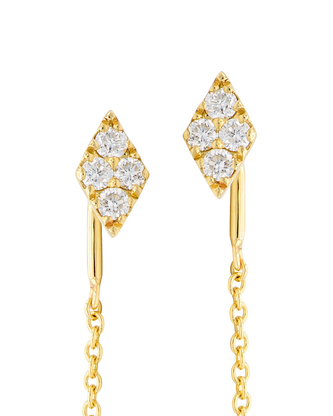 Detailed close-up of Diamond Cluster Threader Earrings in 14K yellow gold, showing four round brilliant-cut diamonds arranged in each cluster.