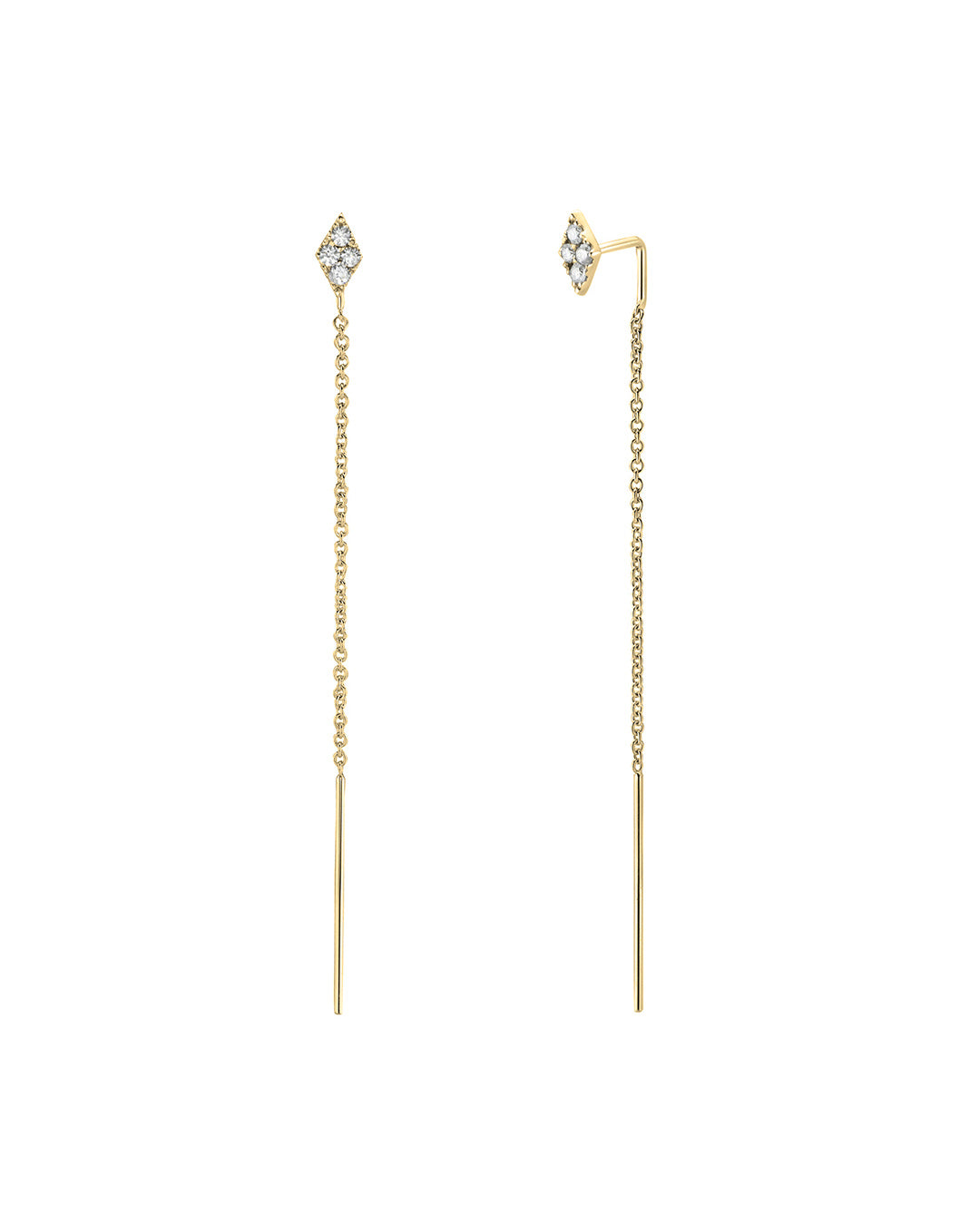 Diamond Cluster Threader Earrings in 14K yellow gold featuring diamond clusters, delicate chains and polished threader bars.