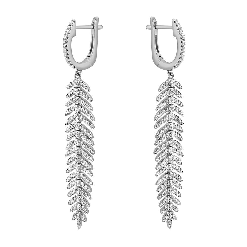 Pair of 14k white gold diamond feather quill earrings with a feather-inspired drop design.
