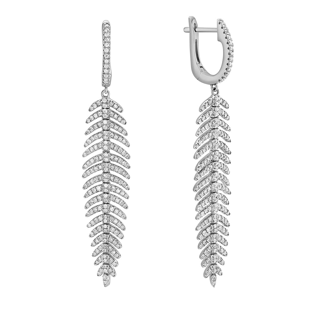 14K white gold diamond feather quill earrings with 358 round brilliant diamonds in a pavé setting.