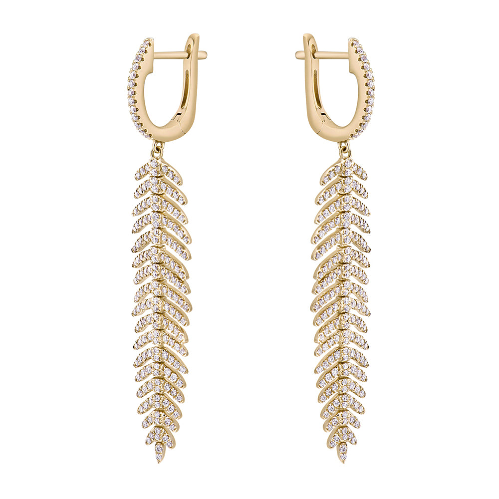 14K yellow gold diamond feather quill earrings with 358 round brilliant diamonds in a pavé setting.
