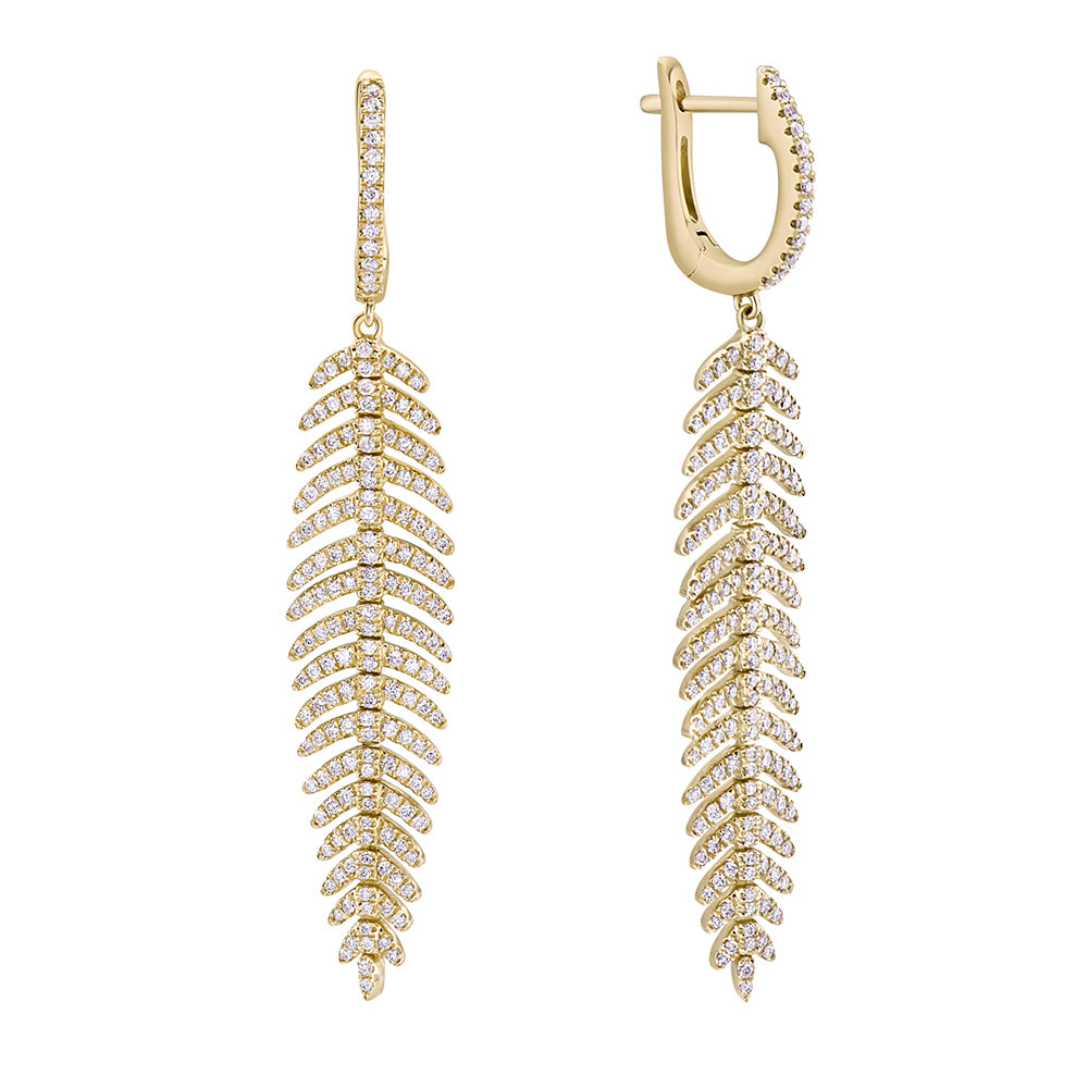 A pair of yellow gold hoop earrings with diamond feather quills.