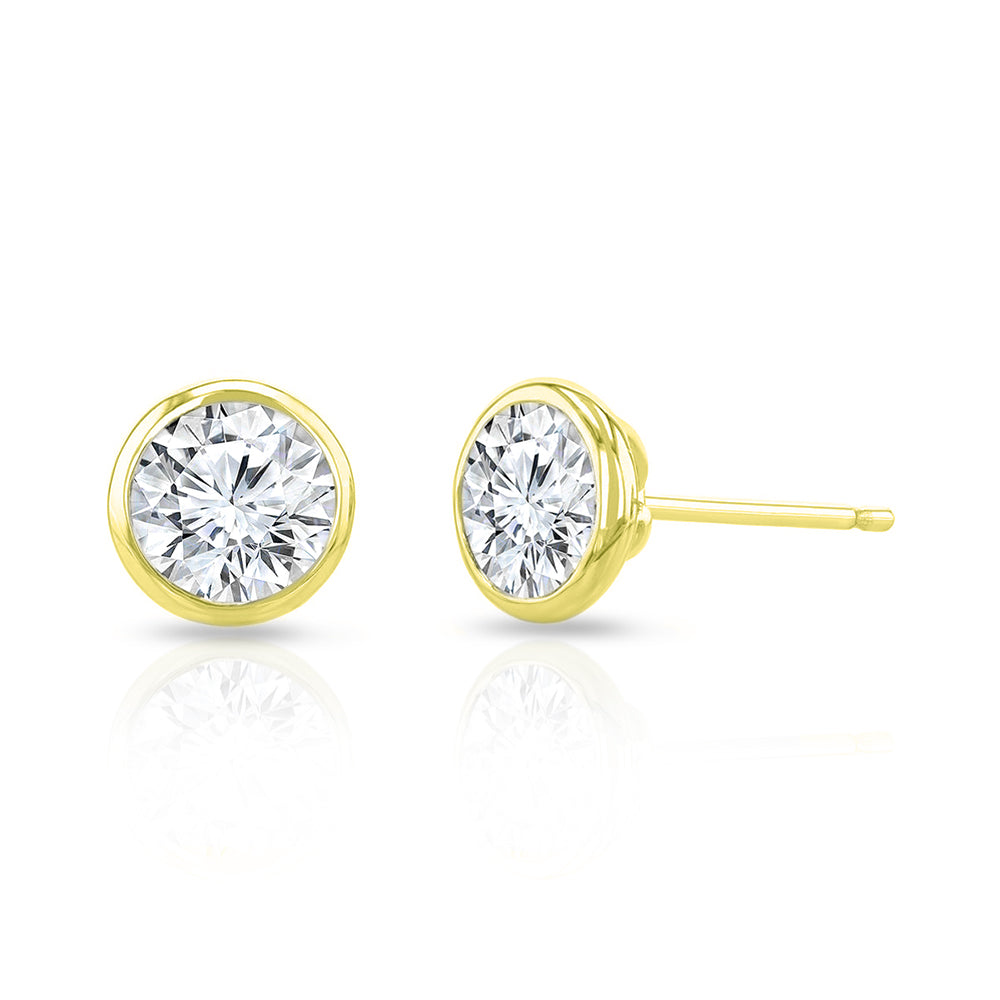 Round Brilliant Diamond Bezel Stud Earrings – 14K Yellow Gold, 0.60 Carats