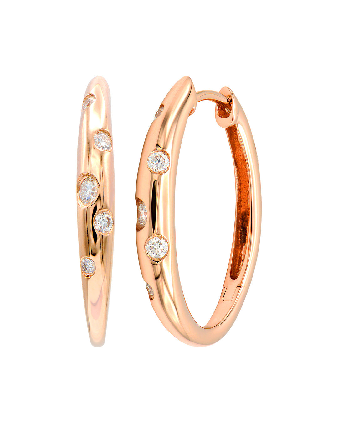 Galaxy Diamond Hoop Earrings in 14K rose gold featuring scattered round brilliant-cut diamonds in a burnished setting.