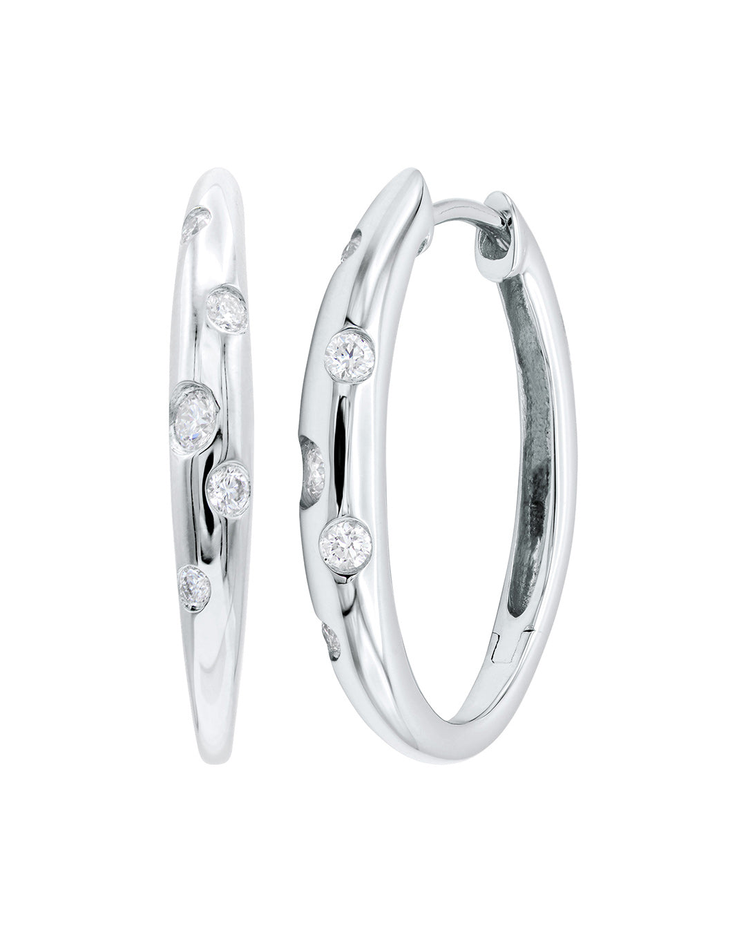 Galaxy Diamond Hoop Earrings in 14K white gold featuring scattered round brilliant-cut diamonds in a burnished setting.