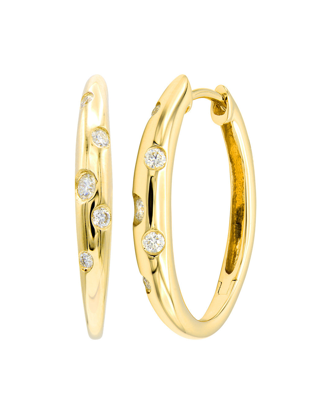 Galaxy Diamond Hoop Earrings in 14K yellow gold featuring scattered round brilliant-cut diamonds in a burnished setting.