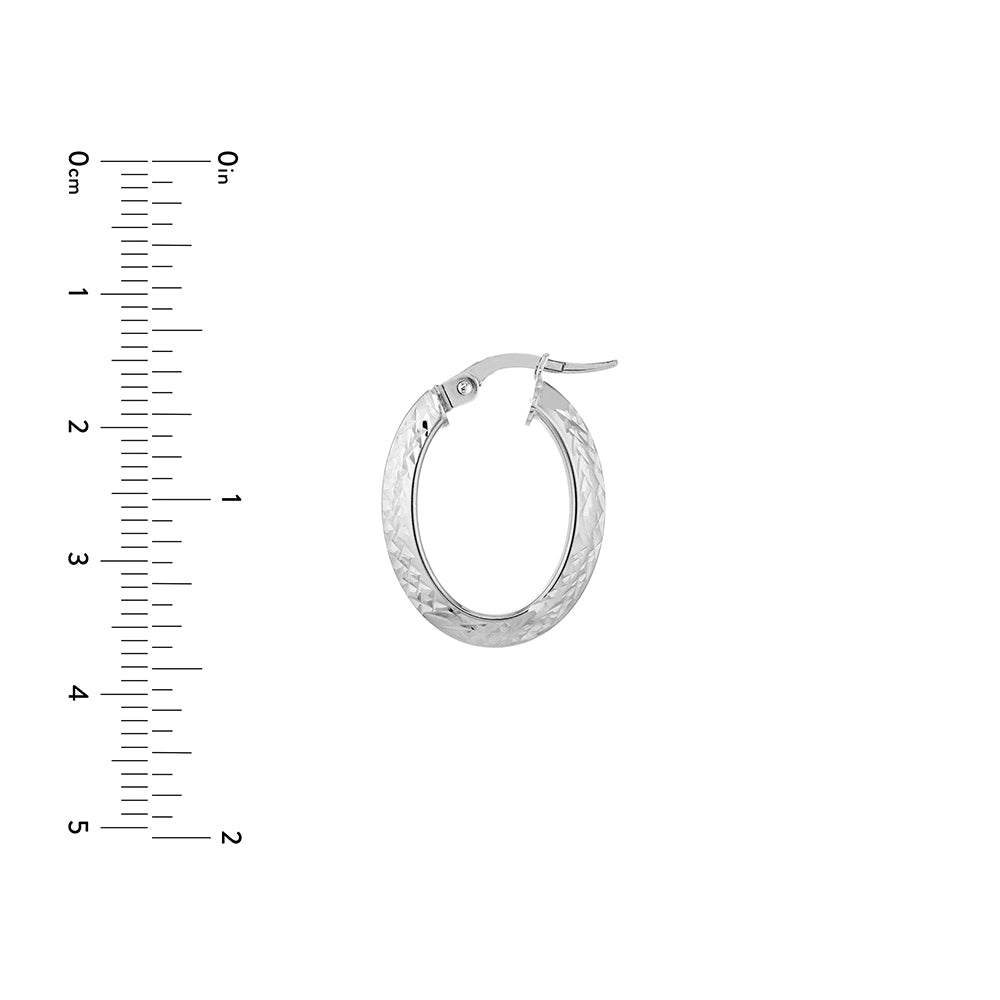 Knife edge oval hoop earrings in 14K white gold shown with a ruler to illustrate their size and proportions.