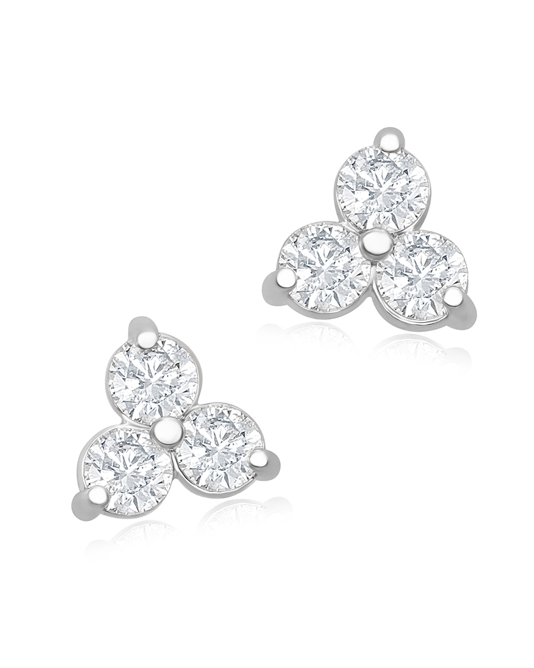 Large Trilogy Diamond Stud Earrings in 14K White Gold with Round Brilliant Diamond Cluster Design, 1.00 Carat Total Weight