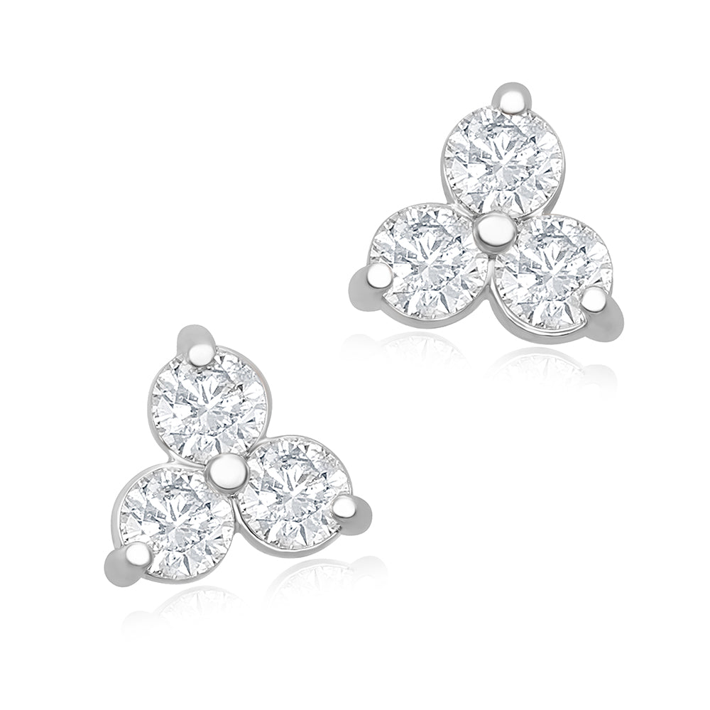 Large Trilogy Diamond Stud Earrings in 14K White Gold with Round Brilliant Diamond Cluster Design, 1.00 Carat Total Weight