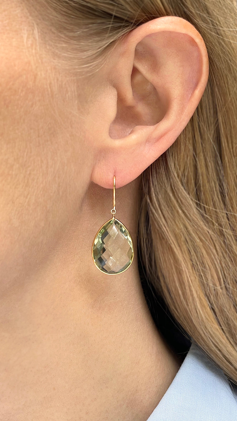 Light Green Amethyst Pear Shape Earrings | 18K Yellow Gold
