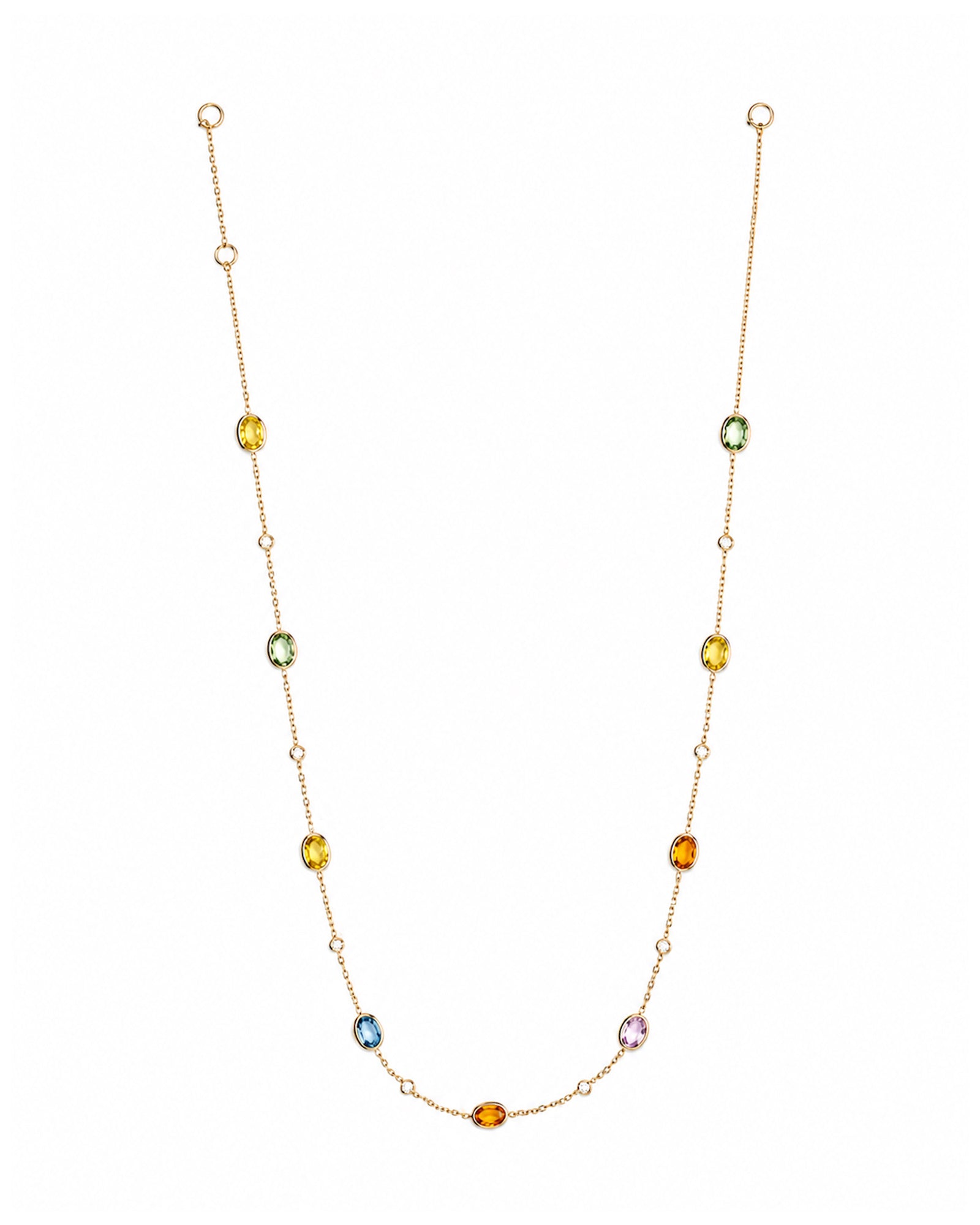 Oval Rainbow Bezel Set Sapphire and Diamond Station Necklace in 14K yellow gold featuring 4.11 TCW of multicolor oval sapphires and 0.36 TCW of diamonds.