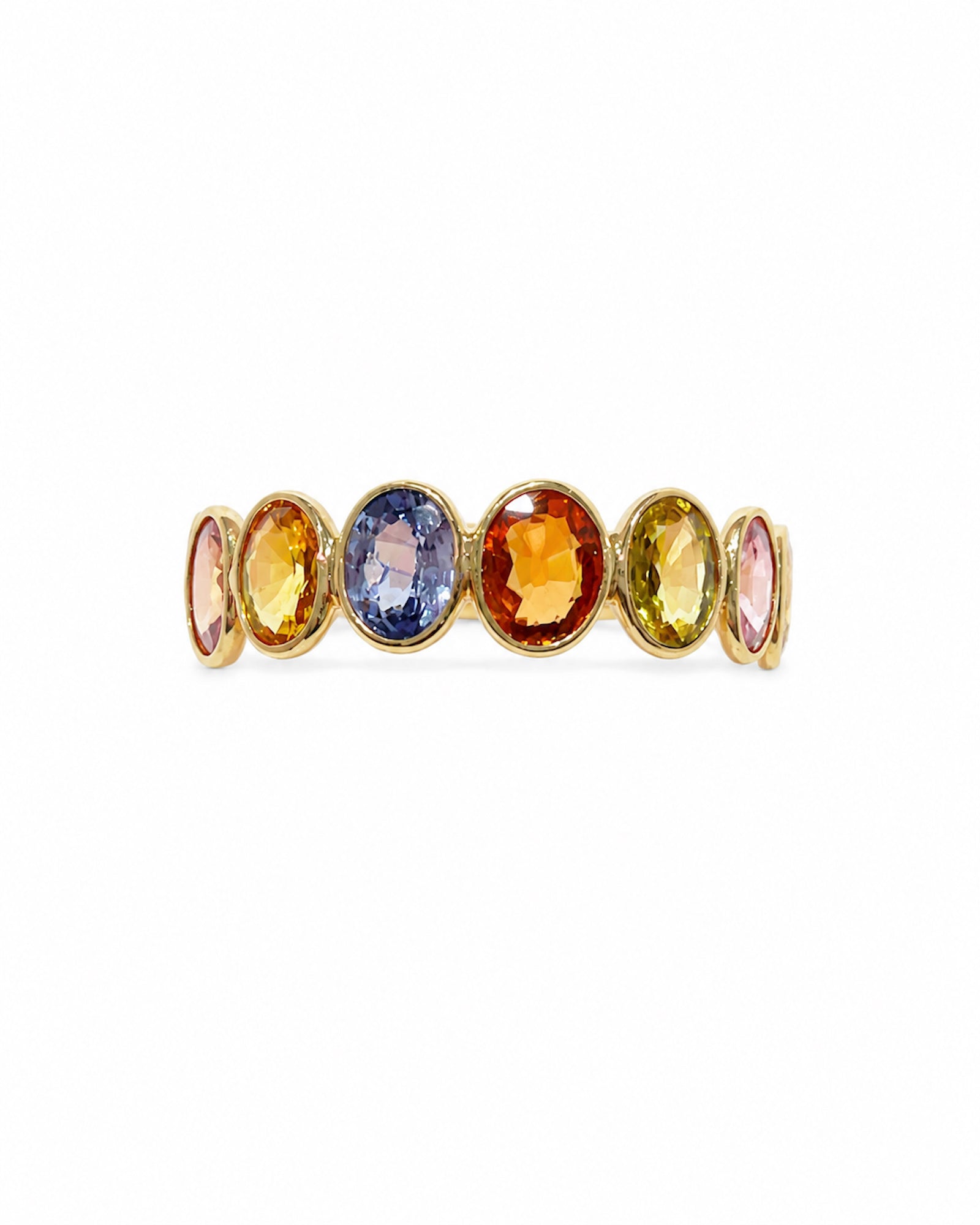 Oval Rainbow Bezel Set Sapphire Ring in 14K yellow gold featuring 2.65 TCW of natural multicolor oval sapphires.