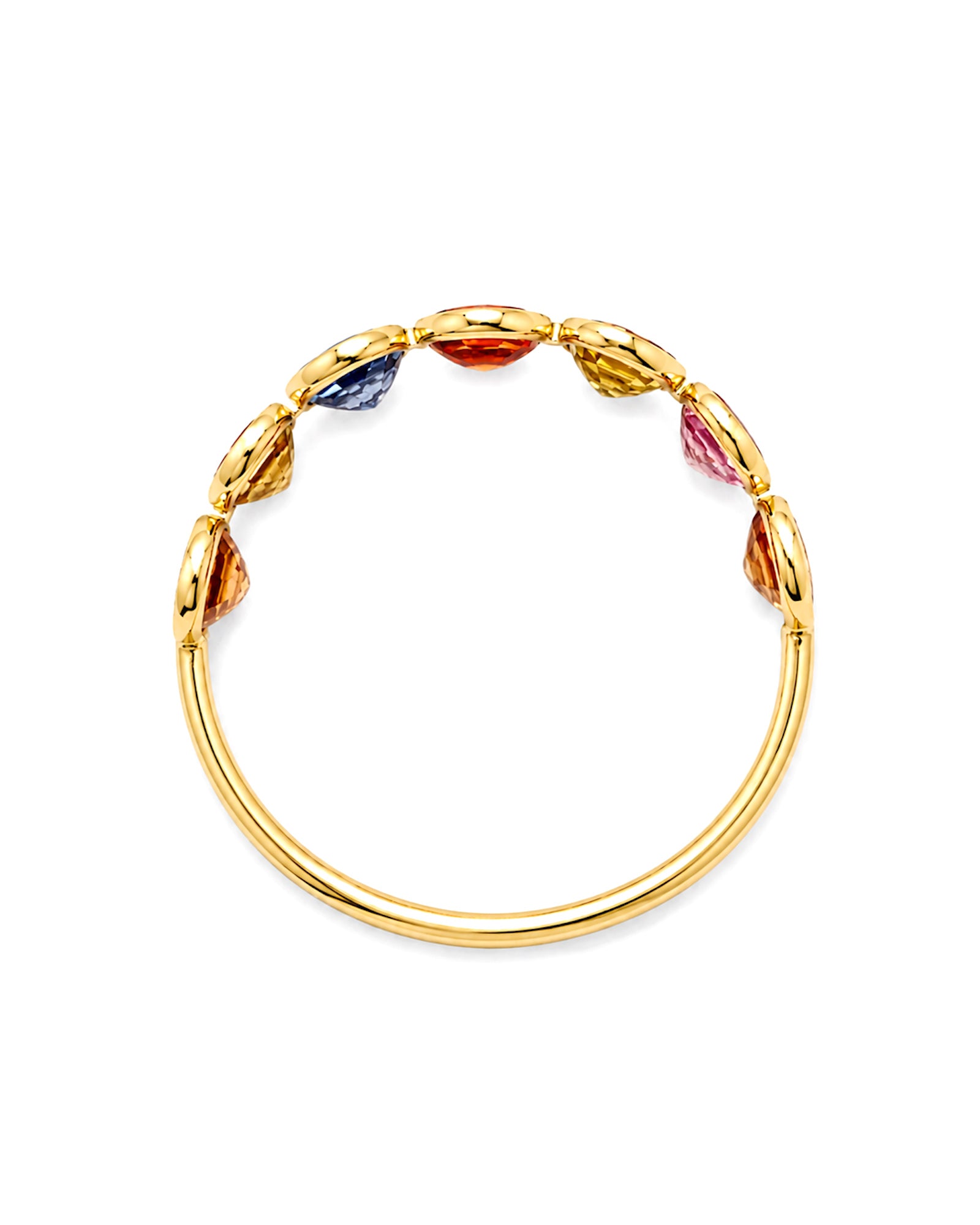 Side view of Oval Rainbow Bezel Set Sapphire Ring in 14K yellow gold with bezel-set natural multicolor oval sapphires.