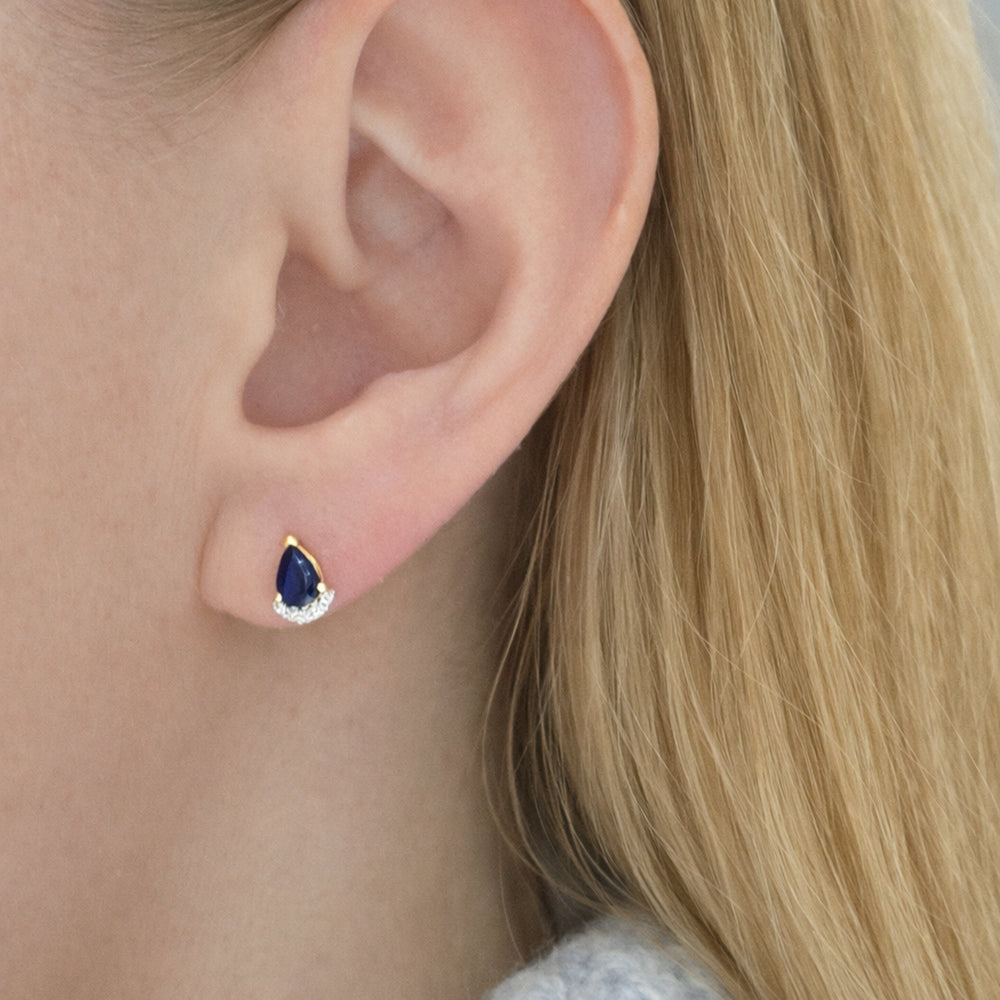 Pear-Shaped Blue Sapphire & Diamond Stud Earrings | 14K Yellow Gold