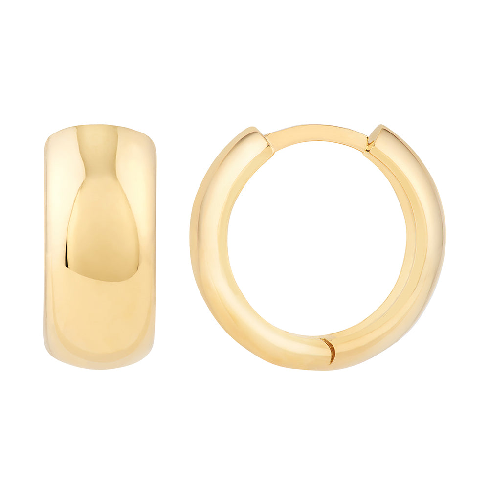 A pair of 14K yellow gold wide huggie hoop earrings with a high-polish finish.