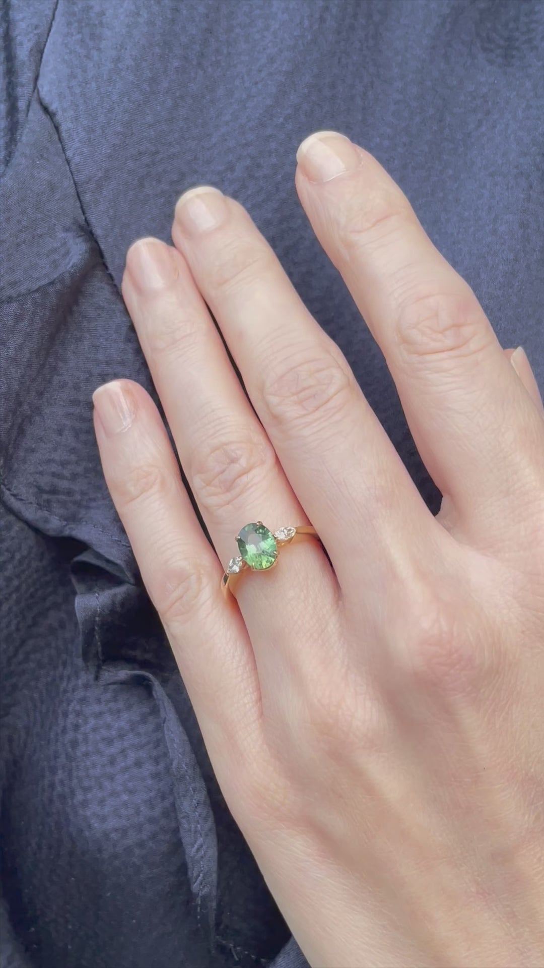 Oval Green Sapphire with Marquise Diamonds 3 Stone Ring_G11052_Video