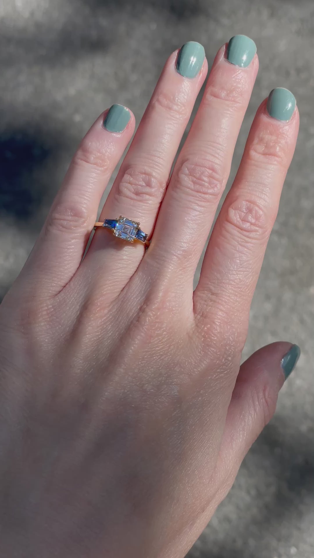 The Asscher Cut Three Stone Ring with Blue Sapphire Tapered Baguettes_G18623_Video