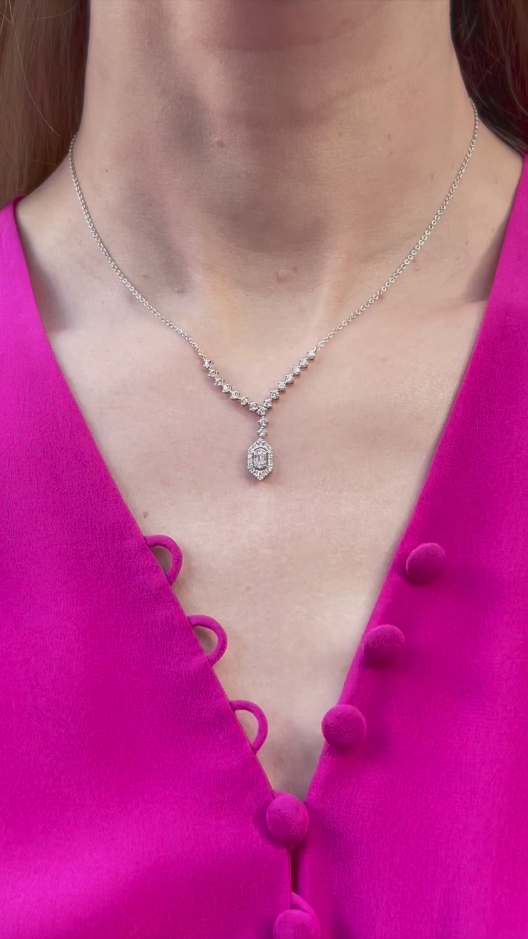 14k White Gold Diamond Drop Necklace with Baguette and Round Diamonds | Video | Model
