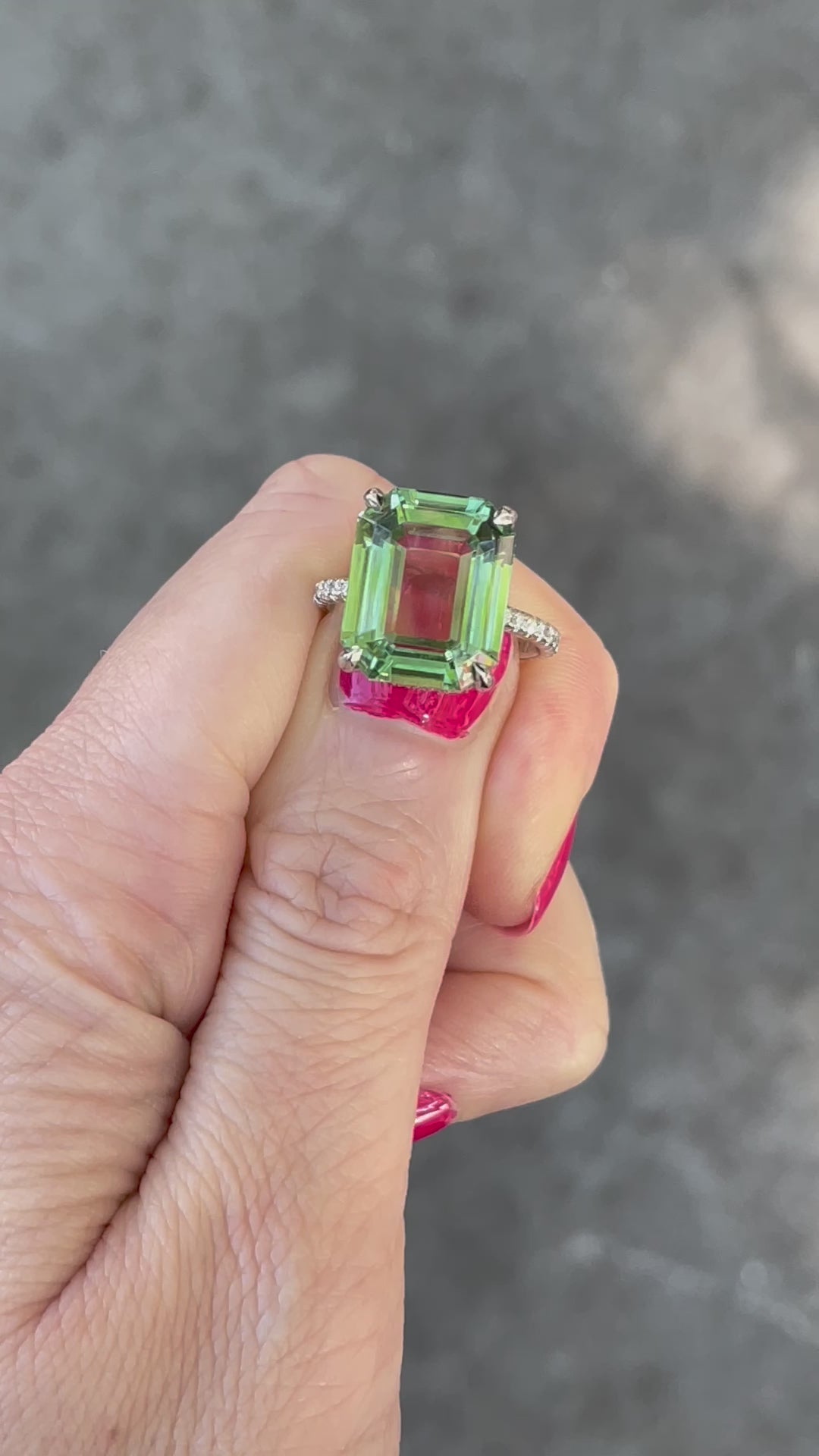 Emerald Cut Green Tourmaline Ring with a Platinum and Diamond Micro Pave Setting_G18499_Video2