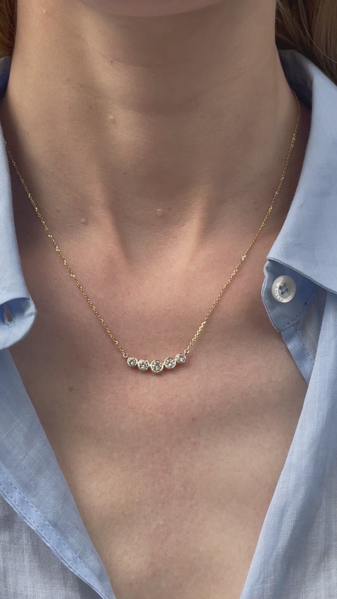 5 Diamond Bezel Set Curved Bar Necklace | 14k Yellow Gold | Video | Model