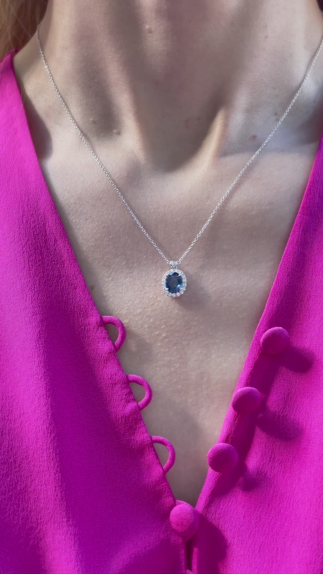 14K White Gold Oval Sapphire & Diamond Halo Necklace - Video - Model