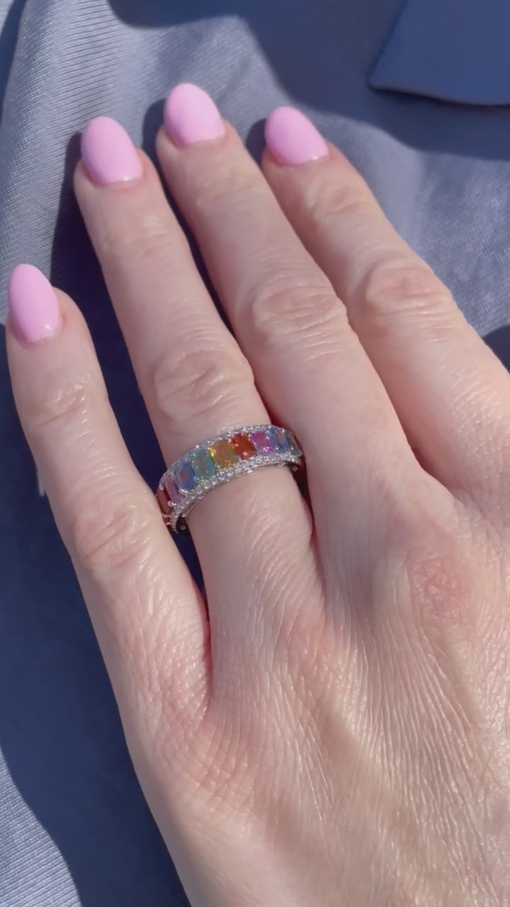 18K White Gold Multi-Color Sapphire Rainbow Ring with Diamonds – 5.70 Carats_A30935_Video