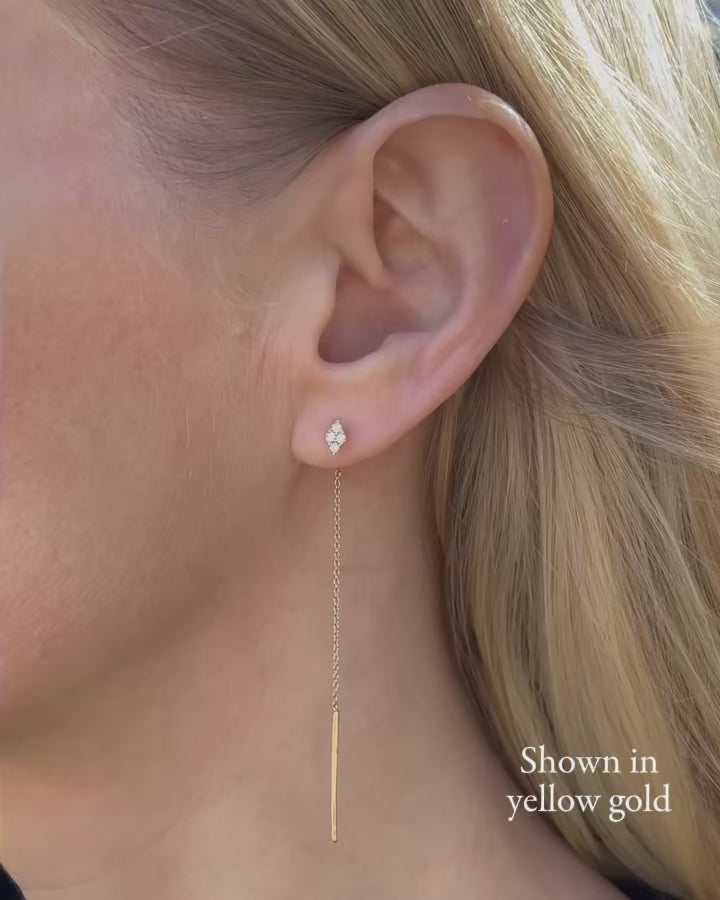 Diamond Cluster Threader Earrings shown in 14K yellow gold shown on a model's ear and displayed in a navy velvet Marisa Perry jewelry box, highlighting the diamond clusters, delicate chains, and polished threader bars.
